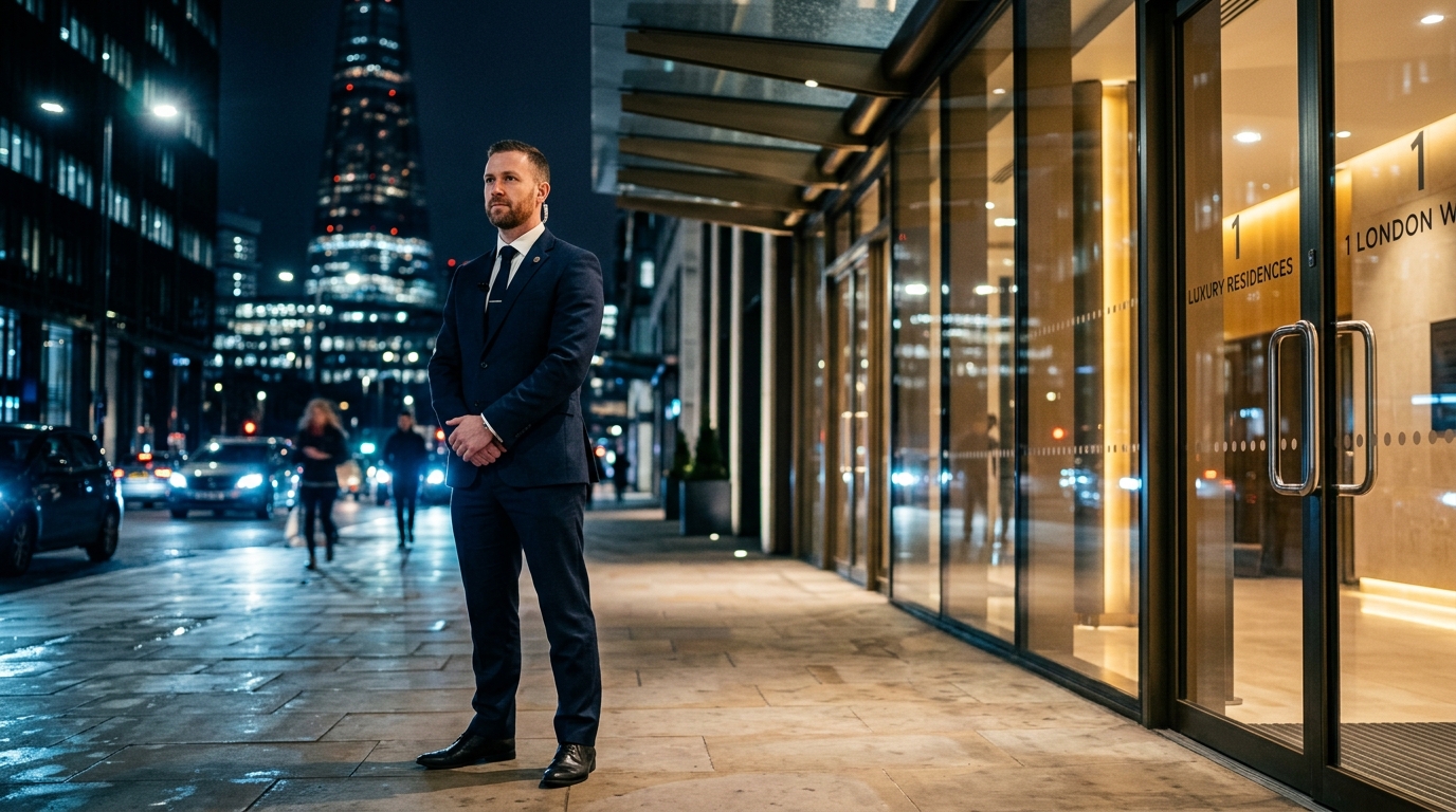 Professional KRSK Security Officer outside a London building